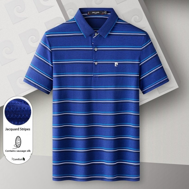 Pierre Cardin Men's Blue Striped Polo Shirt – Silk-Infused Cotton Blend P741TSA005ZQ5S